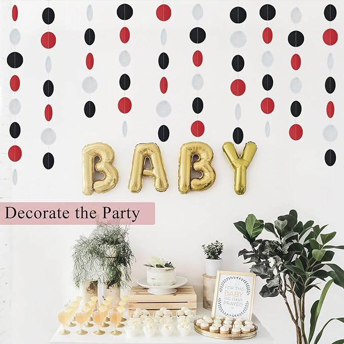 MerryNine Paper Garland 5 Pack, 50ft Glitter Paper Garland Circle Dots Hanging Decor, Banner for Baby Shower, Birthday, Nursery Party Decor (Red Black Silver)