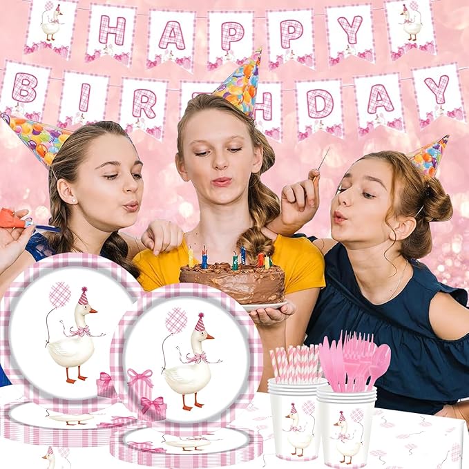 194 Pcs One Silly Goose Birthday Decor for 24 Guests - Pink Theme Party Supplies with Plates Napkins Cutlery Tablecloth and Banner, All-in-One Disposable Party Kit for Girls' Birthday