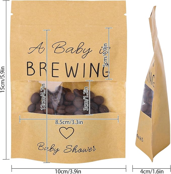 Whaline 50 Pack Kraft Resealable Bags Mini Coffee Baby Shower Favor Bag A Baby is Brewing Stand Up Pouches Bag with Window for Gender Reveal Party Donuts Goodie Candy Gifts Supplies, 3.9 x 5.9 In