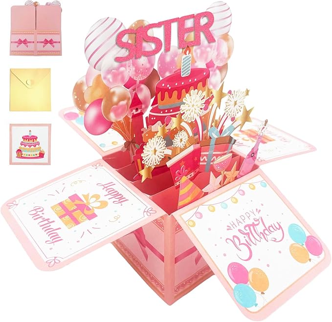 Happy Birthday Sister Card From Sister Brother Pop Up Funny 3D Birthday Gift Card Box Party Decoration Keepsake Foldable Celebration Greeting Cards With Envelope For Girl Women