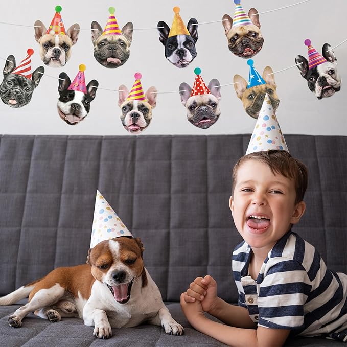 Hooqict Dog Birthday Banner Puppy Themed Party Decorations for Backdrop Funny French Bulldog Garland Dog Party Banner Happy Birthday Sign for Boys Girls Kids 1st 2nd 3rd