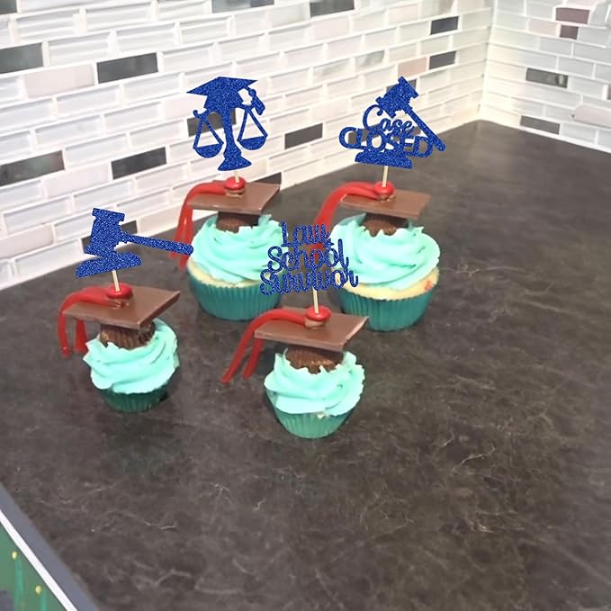 Gyufise 24Pcs 2026 Lawyer Graduation Cupcake Toppers Blue Glitter Class Of 2026 Lawyer Grad Cake Toppers Cap Diploma Case Closed Cupcake Picks 2026 Graduation Theme Party Cake Decorations Supplies