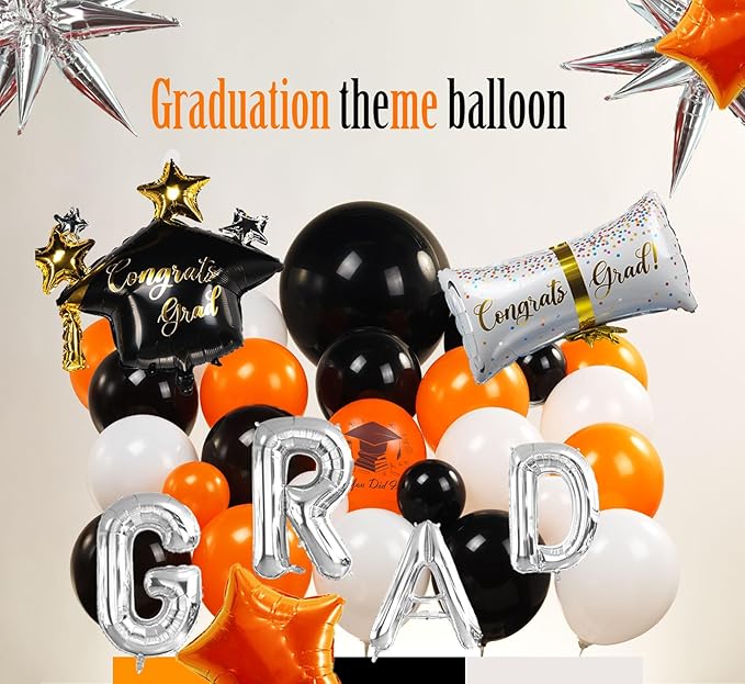 Orange Graduation Balloon Garland Arch Kit 117PCS with Graduation Star print Certificate Letter Mylar Foil Balloons for Graduate Class of 2026 Grad Prom party Decorations Supplies (Orange Black White)
