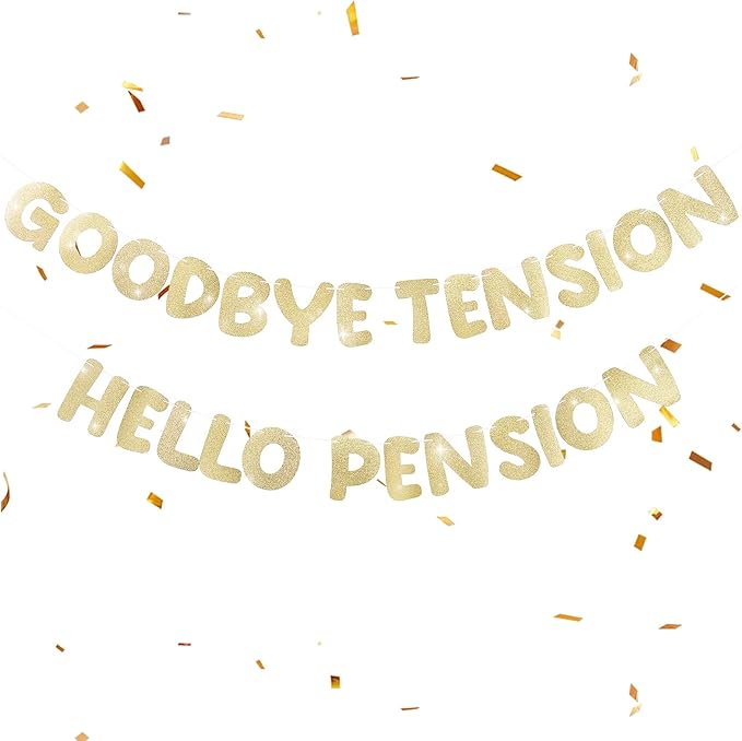 Retirement Banner Pre-Strung GOODBYE TENSION HELLO PENSION Banner Glitter Retirement Party Supplies Decorations for Women Men Office Home Decor (Chanmpagne Gold)