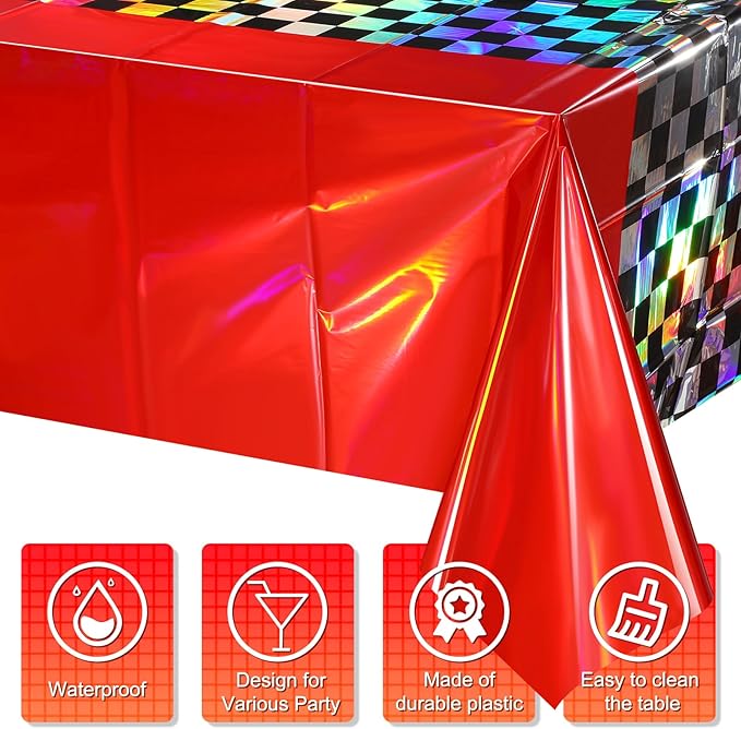 3Pack Iridescent Race Car Plastic Tablecloth, Disposable Shiny Laser Red and Black Checkered Table Cloth, Holographic Foil Rectangle Tablecloth for Race Car Boys Birthday Party Decorations, 54x108Inch