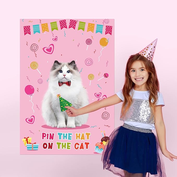 Pin The Hat On The Cat Party Game Cat Birthday Party Games for Kids, Cat Birthday Party Supplies Decorations for Girls Boys, Large Pin The Tail Poster with 54 Hat Stickers