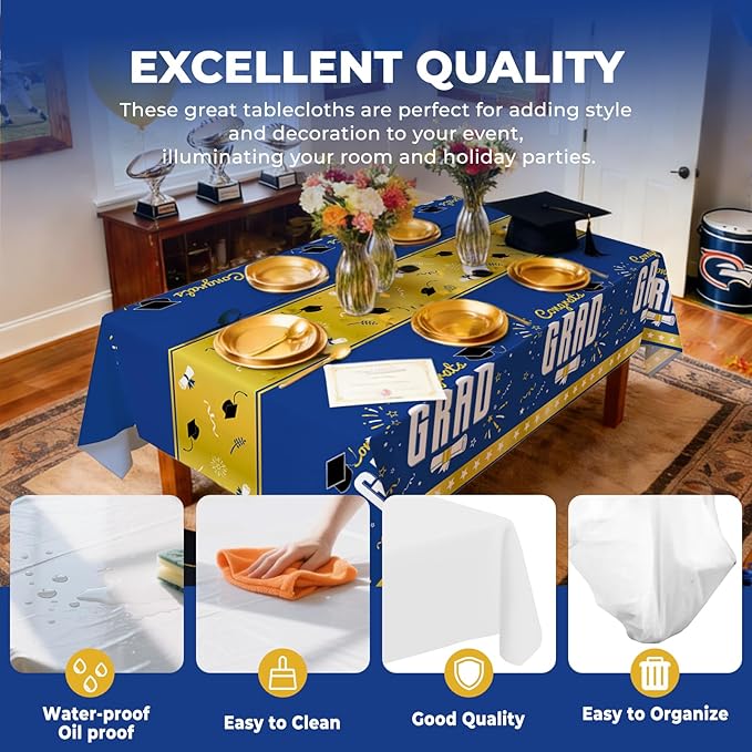 6 Pack Disposable Plastic Tablecloth 54" x 108" Blue Class of 2026 Grad Party Table Cloths Disposable for 6 to 8 Foot Tables Graduation Party Indoor or Outdoor (Graduation Blue)