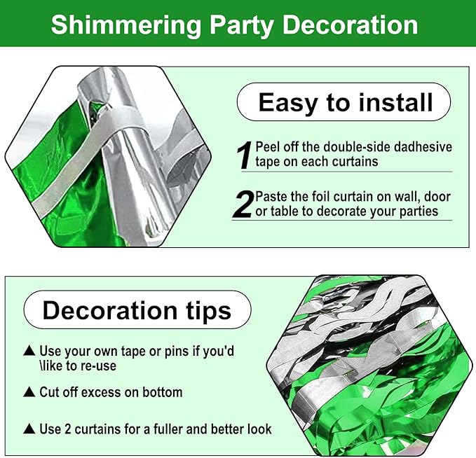 4 Pack Silver Green Wave Foil Fringe Curtain Backdrop, 3.28Ft x 8.2Ft Metallic Tinsel Foil Fringe Streamer Curtains for Photo Booth, Mother's Day, Easter, Birthday, Wedding Party Decoration