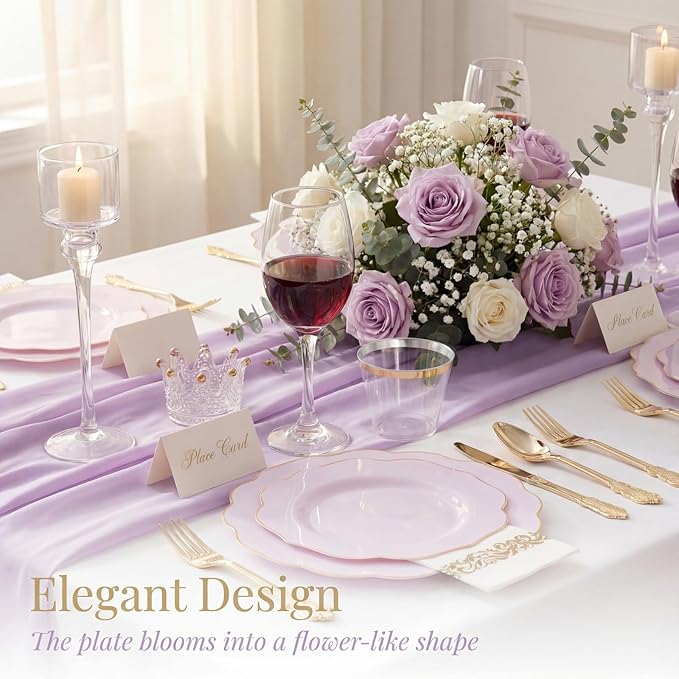 NOCCUR 175PCS Purple Plastic Plates with Gold Disposable Silverware - Include 50 Lavender and Gold Plastic Plates,25 Knives,25 Forks,25 Spoons,25 Cups and 25 Napkins - Easter Day/Spring Party