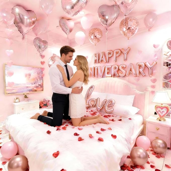 Rose Gold Anniversary Decorations Set - 1052pc Romantic Room Decor Kit with 1000 Rose Petals, HAPPY ANNIVERSARY & LOVE Foil Balloons - Perfect for Proposal, Wedding, Valentine's, Hotel Room Surprises