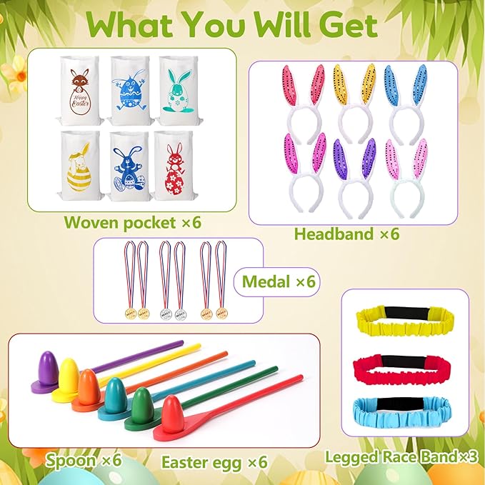 Easter Games for Kids Outdoor, Potato Sack Race Bags, Bunny Ears Headbands, Egg Spoon Relay Races, Legged Relay Race Bands for Easter Eggs Hunt Games