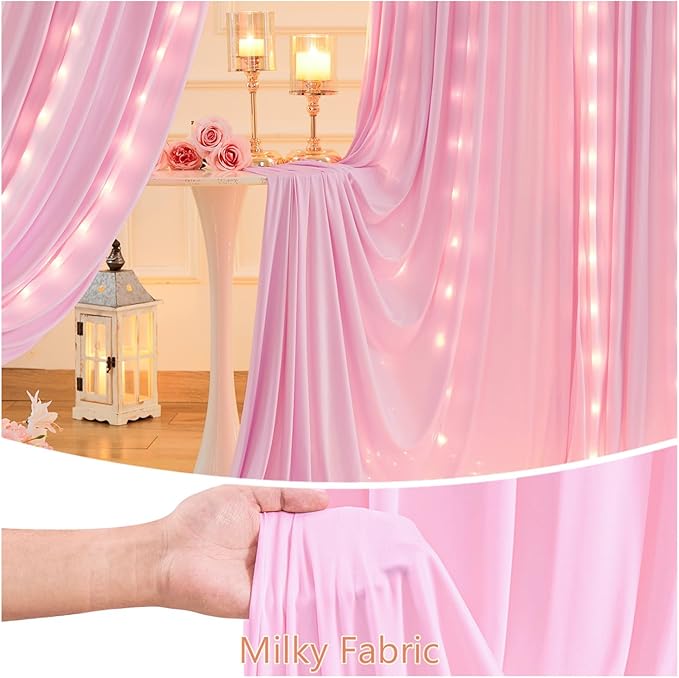 10 x 10ft Baby Pink Backdrop Curtains with Lights String for Girls Birthday Photo Backdrop Drapes Wrinkle Free Polyester Curtain Backdrop for Parties Wedding Reception Baby Shower Ceremony-5 x 10ft 2P