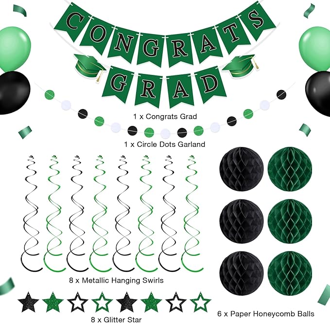 Green and Black Congrats Grad Banner 2026 Graduation Decorations with Hanging Swirl Honeycomb Ball Circle Garland Grad Party Favor Supplies for College Senior High School Classroom Decor