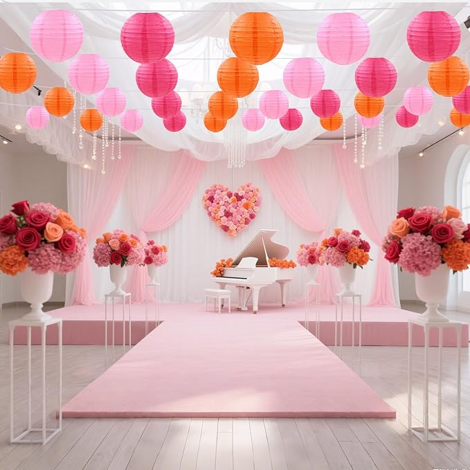 12 Pcs Pink Orange Paper Lanterns Decorative Round Hanging Lanterns for Birthday Baby Shower Wedding Graduation Fall Autumn Thanks Giving Party Decoration