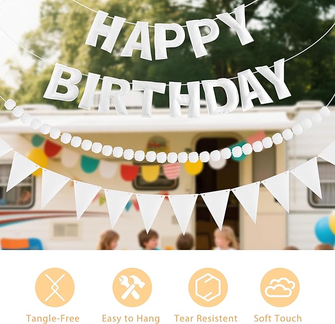 CANREVEL Pre-Strung 3D Rainbow Happy Birthday Banner, 3 PCS Happy Birthday Felt Sign, Pom Pom Garland, Triangle Fabric Bunting, Colorful Reusable Birthday Decorations for Women Men Girls Boys, White
