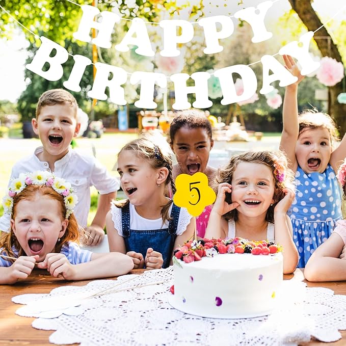 White Happy Birthday Banner Sign Birthday Backdrop Party Supplies for Kids Boys Girls Birthday Party Decorations