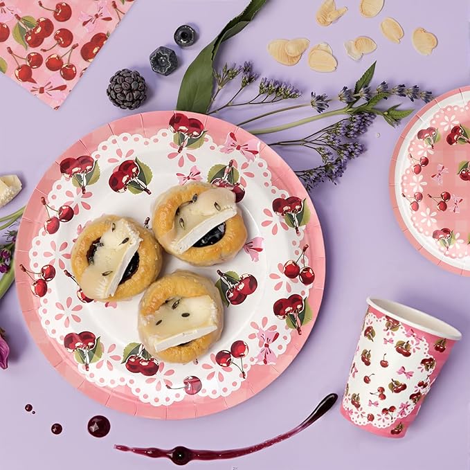80pcs Cherry Party Plates Disposable Tableware Set Red Paper Plates for 20 Guests Kids Party Picnic Wedding Tea Party Table Supplies (Include Plates, Cups and Napkins)