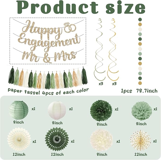 Engagement Party Decorations,Green Sage Congratulations Decorations includes Gold Glitter Happy Engagement Banner for Just Engaged Almost Married Party, Bachelorette Party Decorations