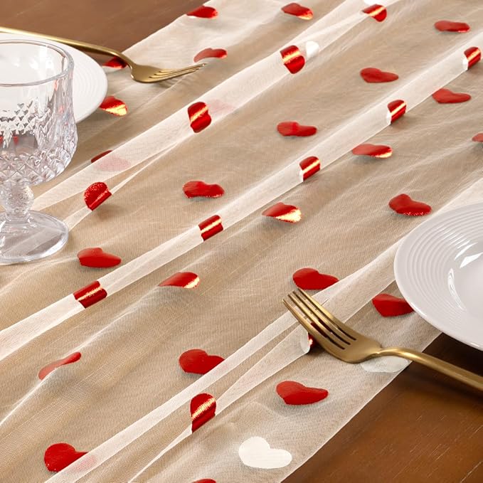 Socomi Valentine's Day Red Heart Table Runner Gauze Sheer Romantic Sequin 10FT Glitter Metallic Foil Dining Wedding Birthday Party Baby Shower Holiday Centerpiece Table Decor Beige