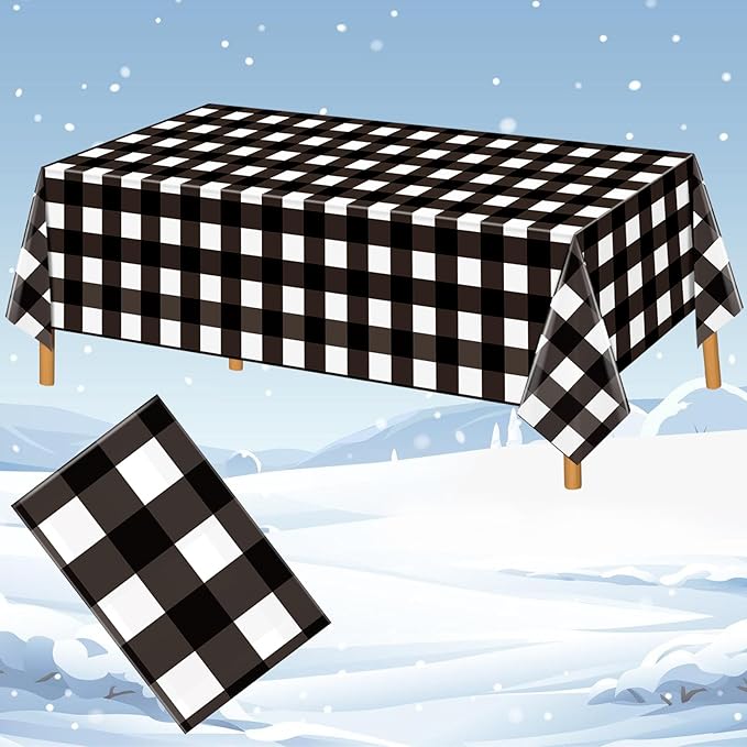 Hxezoc Buffalo Plaid Plastic Tablecloth, 54 x 108 Inch Black and White Checkered Disposable Winter Table Cover for Birthday Party Decorations Outdoor Indoor Party Supplies