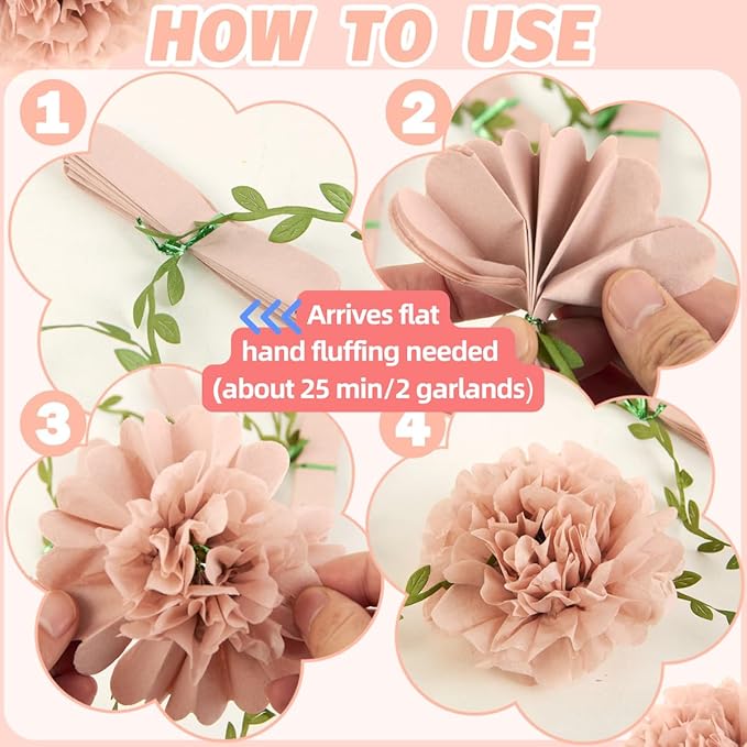 Nude Tissue Paper Pom Pom Garlands, Paper Flowers for Birthday Decorations, Baby Shower, Wedding Engagement, Bridal Shower, Spring Summer Party Decorations