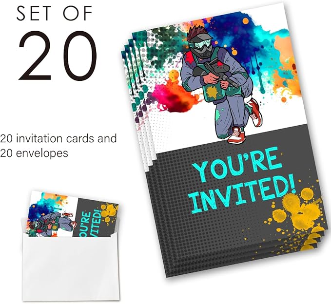 Paintball Birthday Invitation Supplies with Envelopes Set of 20 Bruh Teen Boy Party Invitation Fill in Blank, Double Sided