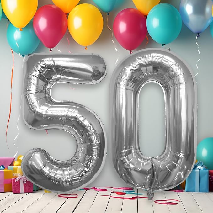 40 Inch Large Number Celebration and Decoration Balloon for Birthday Parties, Graduations, Anniversaries, Weddings, Photo Shoots, Special Events - Helium Foil Mylar (Silver Number 50)