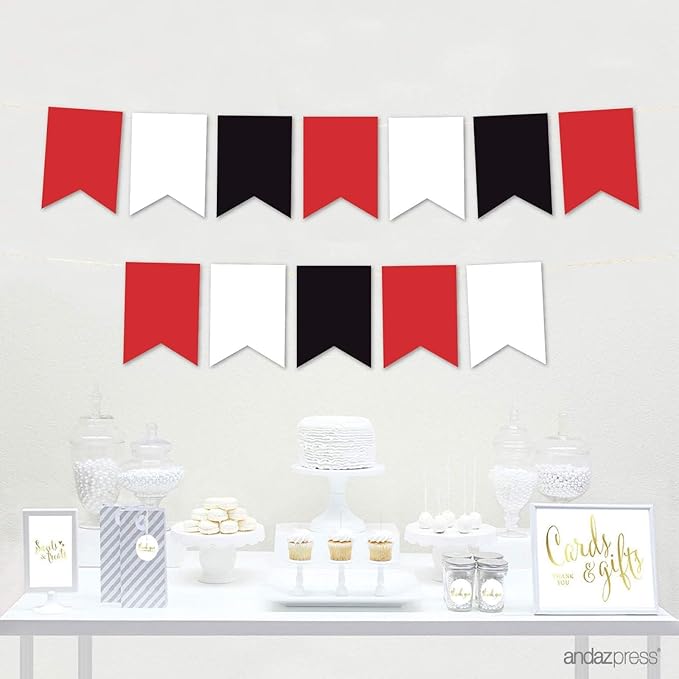 Andaz Press Hanging Pennant Banner with String, Red, Black, White, 1-Set, 24 Pennants, Approx. 12-Feet Long, Lil Ladybyg Baby Shower Theme Birthday Supplies