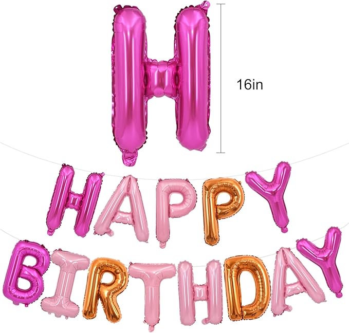 TONIFUL Happy Birthday Balloons Banner 16 Inch Mylar Foil Letters Birthday Sign Reusable for Girls Boys Kids & Adults Birthday Party Decorations Supplies（Hot Light Pink Orange）
