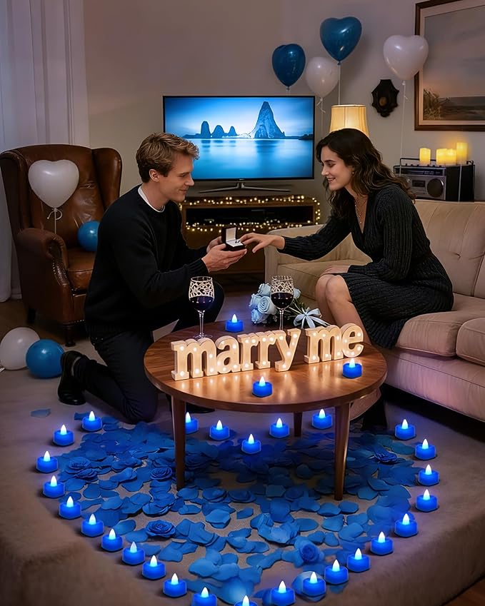 Amagic 2000 Pieces Blue Artificial Rose Petals with 24 Blue Heart LED Tea Lights, Rose Petals and Candles Set for Proposal, Anniversary, Romantic Night, Wedding Decor