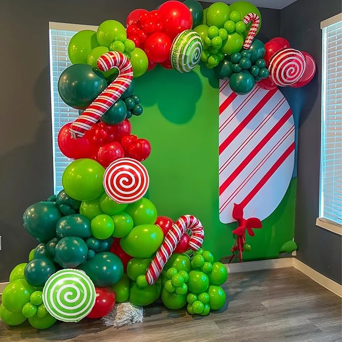 Christmas Balloon Arch, Red Green Xmas Balloon Garland Kit with Foil Candy Cane Lollipop Swirl Candy Balloons, Red Dark Lime Green Balloons for Merry Christmas Party New Year Holiday Birthday Decor