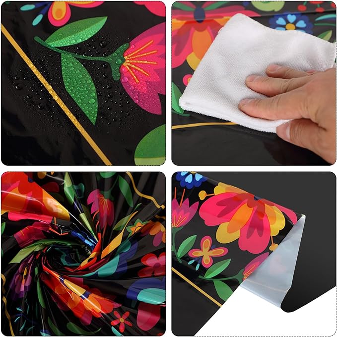 Oudain 12 Pcs Fiesta Tablecloth 108 x 54 Inch Plastic Tablecover Mexican Waterproof Tablecloth Disposable Table Cover for Taco Night Festive Mexican Fiesta Wedding Party Decoration (Black)