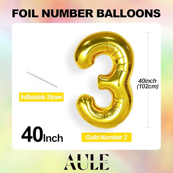 AULE 40 Inch Big Gold 3 Balloon Number Large Foil Helium Number Balloons 0-9 Jumbo Giant Happy 3rd Birthday Party Decorations for Boy or Girl Huge Mylar Anniversary Party Supplies