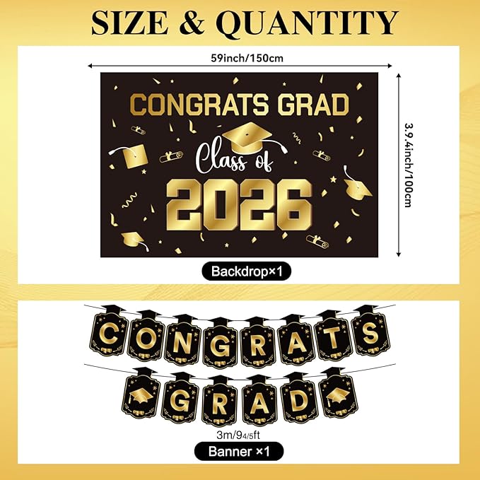 Graduation Decorations 2026 Gold Themed Set - Congrats Grad Banner, Class of 2026 Backdrop, Balloons & Streamers Kit - Complete Party Supplies for High School & College Celebrations