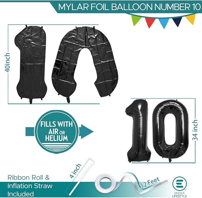 40 Inch Large Black Number Celebration and Decoration Balloon for Birthday Parties, Graduations, Anniversaries, Weddings, Photo Shoots, Special Events - Helium Foil Mylar (Black Number 10)