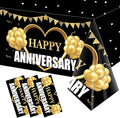 3 Pack Happy Wedding Anniversary Tablecloth Decorations, Black Gold Themed Table Cover Party Supplies, 25th 30th 40th 50th 60th Anniversary Plastic Disposable Rectangular Table Cloth Decor
