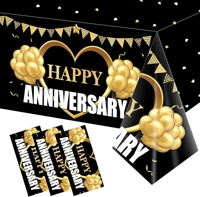 3 Pack Happy Wedding Anniversary Tablecloth Decorations, Black Gold Themed Table Cover Party Supplies, 25th 30th 40th 50th 60th Anniversary Plastic Disposable Rectangular Table Cloth Decor