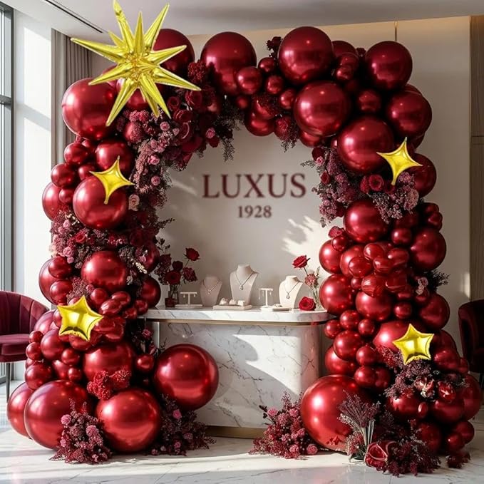 Burgundy Balloon Double Stuffed Latex Wine Red Explosion Star Balloon Arch Garland Different Sizes Maroon Balloons for Birthday Valentines Bridal Baby Shower Wedding Prom Party Decor