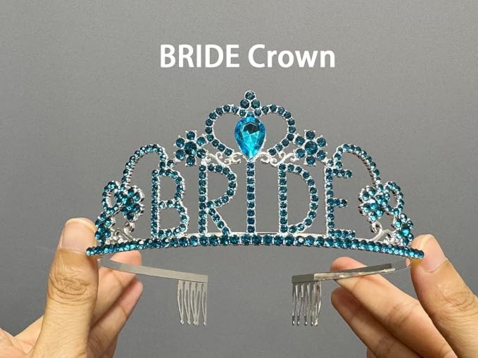 JETKONG 3 Pcs Bachelorette Party Decorations BRIDE Crown, Bride to Be Sash&Veil for Women Bachelorette Party Gifts, Bridal Shower Supplies, Gifts, Favors (Light Blue)