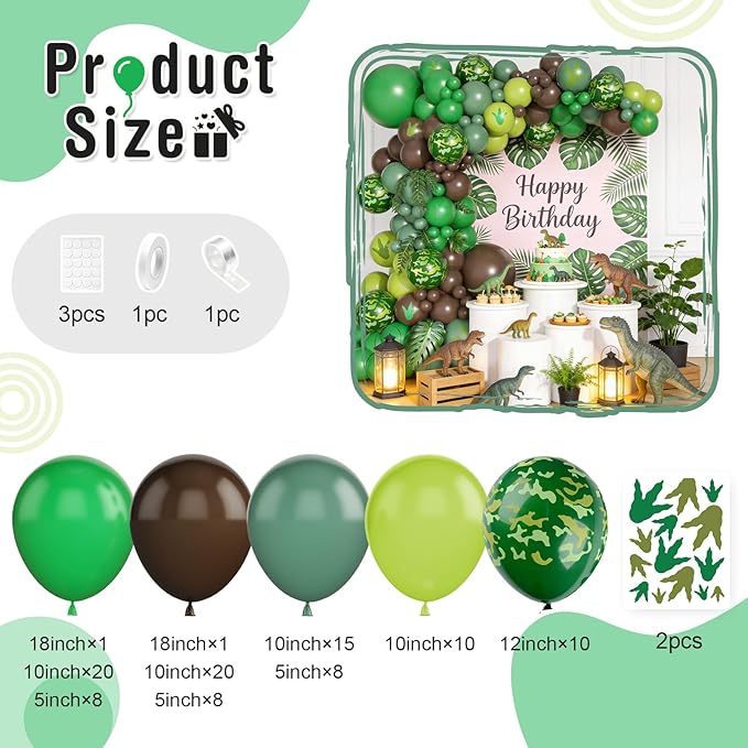 Dinosaur Birthday Party Decorations, Jungle Themed Balloon Arch Kit with Green Brown Balloons Dinosaur Paw Print Stickers for Kids Jungle Safari T-REX ROAR Themed Party Decor Supplies