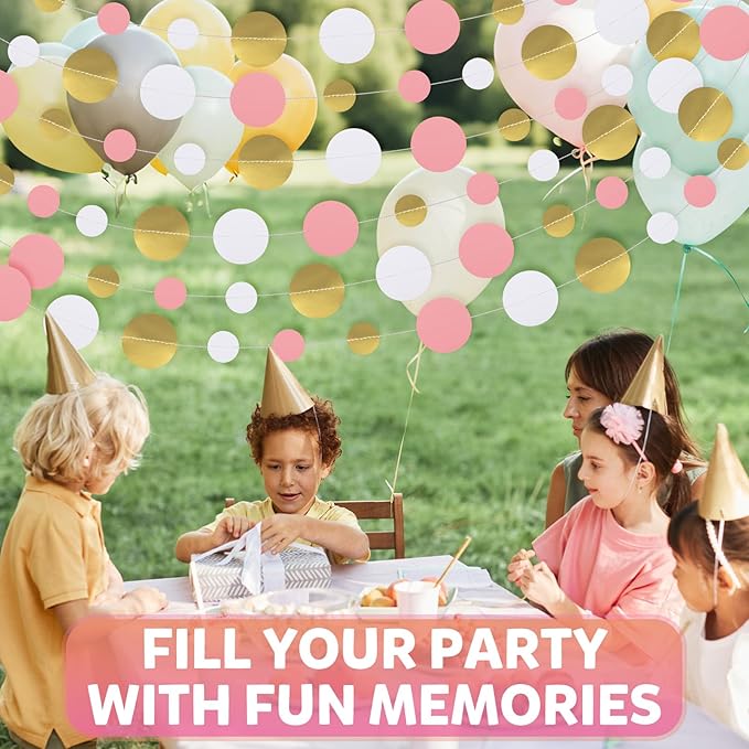 52FT Party Garlands, Paper Garland Circle Dots, Hanging Circle Banner Decorations for Birthday, Party, Wedding, Baby Shower, Graduations, Christmas, Wall Decor (Gold White Red Pink Garlands)