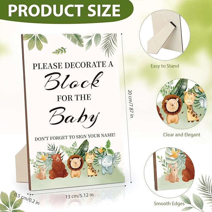 Baby Shower Games Sign Kit with 50 Blank Wooden Baby Blocks, 24 Acrylic Paint Marker and Wooden Sign, Blocks for Baby Shower Games, Gender Reveals Party(Animal)