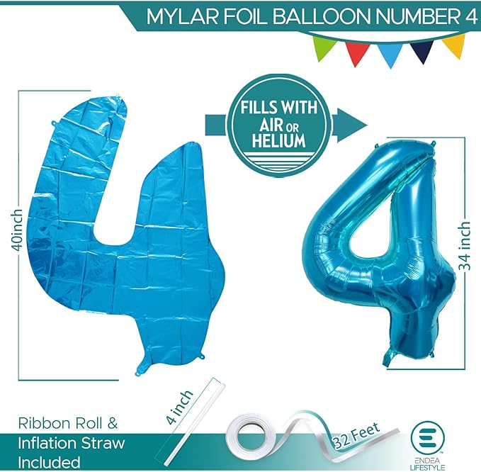 40 Inch Large Blue Number Celebration and Decoration Balloon for Birthday Parties, Graduations, Anniversaries, Weddings, Photo Shoots, Special Events - Helium Foil Mylar (Blue Number 4)