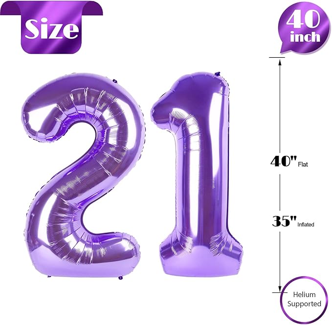 Purple Number 21 Balloon 40 Inch, 21st Birthday Party Decorations for Children, Giant 21 Foil Balloon for Party Supplies
