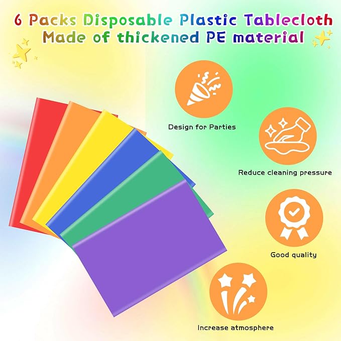 Mwellewm 6Pcs Plastic Table Cloth Disposable, Assorted Color Rainbow Tablecloth Colorful Neon Rectangle Bulk Solid Table Cover for Birthday Wedding Graduation Picnic Home Party Decorations（54x72 Inch）