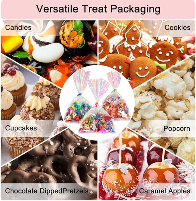 HRX Package 120pcs Iridescent Cellophane Treat Bags with Ties, 6x9 inch Holographic Plastic Goody Bags for Candy Party Favors Small Gifts