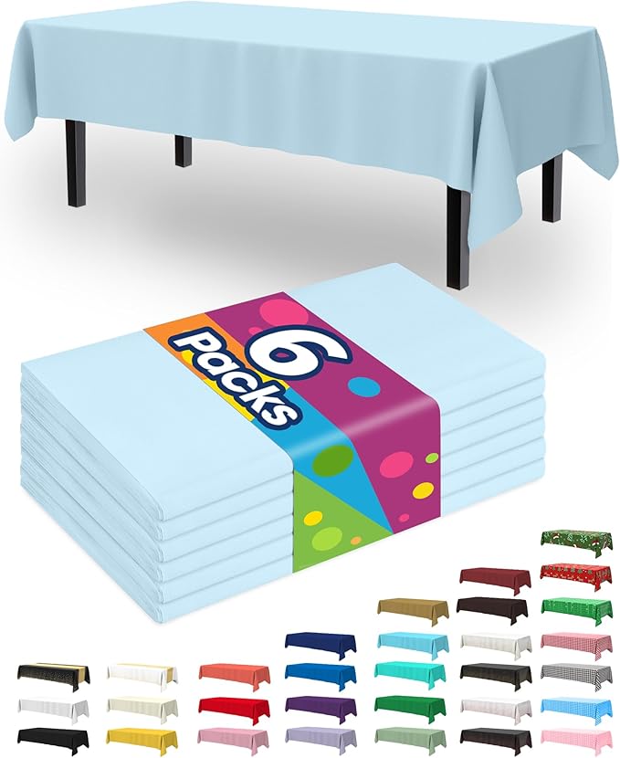 Pureegg Plastic Table Cloth Disposable 6 Pack, 54 x 108 Inch Table Cloths, Easter Party, Picnic, Wedding, Decorative Tablecloths, Rectangle, Baby Blue Plastic Cover, Waterproof, Light Blue