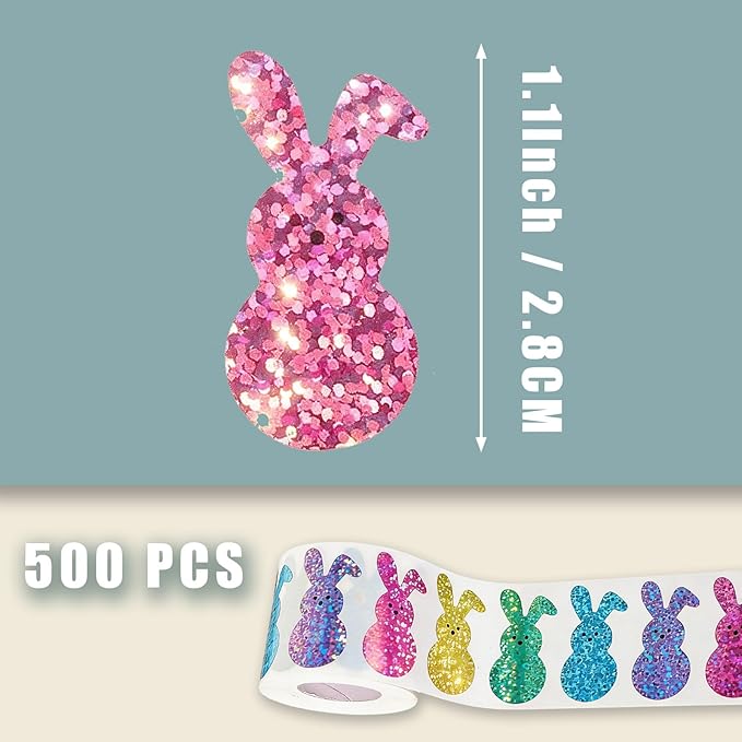 500 PCS Bling Sparkly Easter Bunny Stickers - 1.5'' x 0.8'' Large, 1 Roll of 5 Colors | Easter Basket Essentials Stuff, Waterproof Self-Adhesive Rabbit Stickers for Holiday Cards Boxes Seal Envelopes