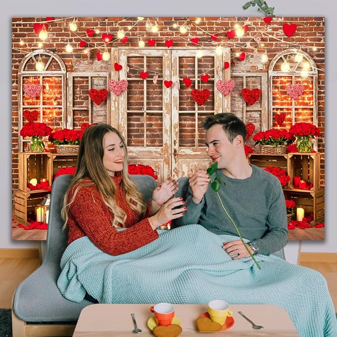Red Rose Brick Wall Backdrop 7x5ft Romantic Love Theme Anniversary Backdrop Banner Vintage Door Window Light Decor for Engagement Wedding Couples Date Night Party Photo Booth Props (82x59inch)