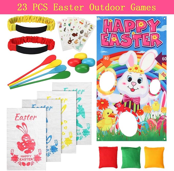23 Packs Easter Outdoor Party Games for Kids Potato Sack Race Jumping Bags with Legged Race Bands, Egg and Spoon Race，Toss Game and Stickers, Outdoor Games for Easter Eggs Hunt,Easter Party Supplies